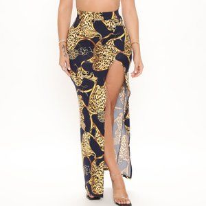 Fashion Nova Chain Print High Slit Maxi Skirt Navy Gold | Size M | NWT